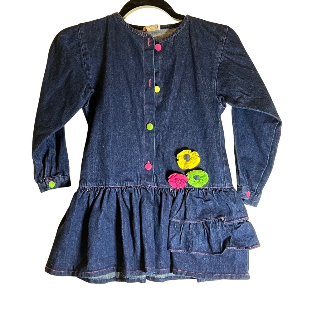 Vintage Popsicle Denim Dress 6X Blue Neon‎ Pink Yellow Applique Ruffle Tiered